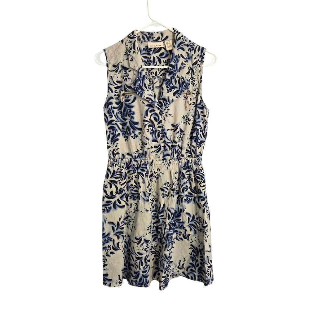 DKNY Jeans Woman's Beige and Blue Sleeveless Summer Knee Length Dress size S